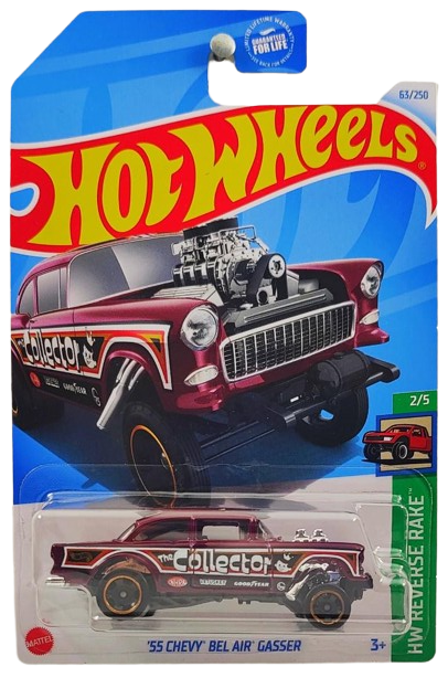 Hot Wheels 2024 - Collector # 063/250 - HW Reverse Rake 2/5 - '55 Chevy Bel Air Gasser - Metalflake Maroon / Collector - Ringed Black RSW - USA Card