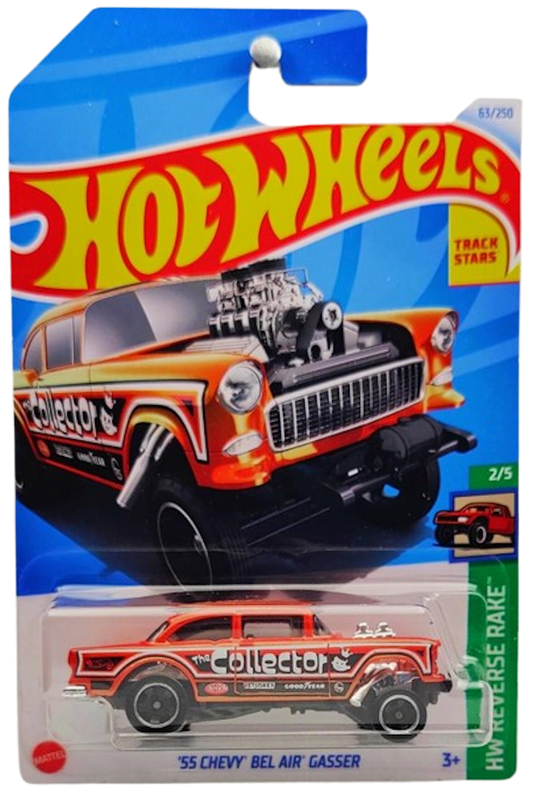 Hot Wheels 2024 - Collector # 063/250 - HW Reverse Rake 2/5 - '55 Chevy Bel Air Gasser - Metalflake Orange / Collector - Ringed Black RSW - IC