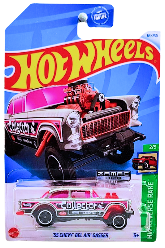 Hot Wheels 2024 - Collector # 063/250 - HW Reverse Rake 2/5 - ZAMAC 008 - '55 Chevy Bel Air Gasser - ZAMAC / Collector - Walmart Exclusive - USA Card