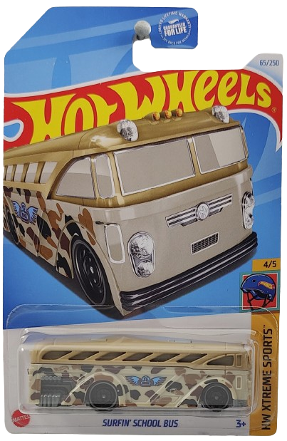 Hot Wheels 2024 - Collector # 065/250 - HW Xtreme Sports 4/5 - Surfin' School Bus - Matte Tan Camo - USA Card