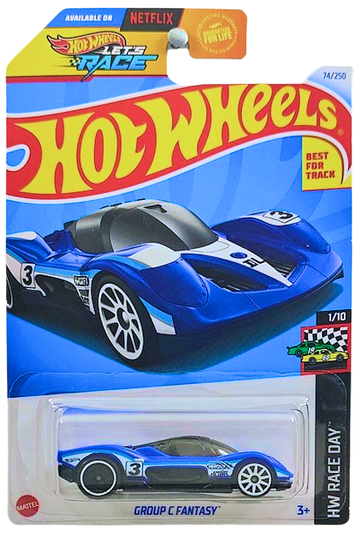 Hot Wheels 2024 - Collector # 074/250 - HW Race Day 1/10 - Group C Fantasy - Blue / #3 - USA 'Let's Race' Card