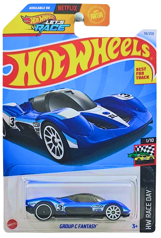 Hot Wheels 2024 - Collector # 074/250 - HW Race Day 1/10 - Group C Fantasy - Blue / #3 - USA 'Let's Race' Card