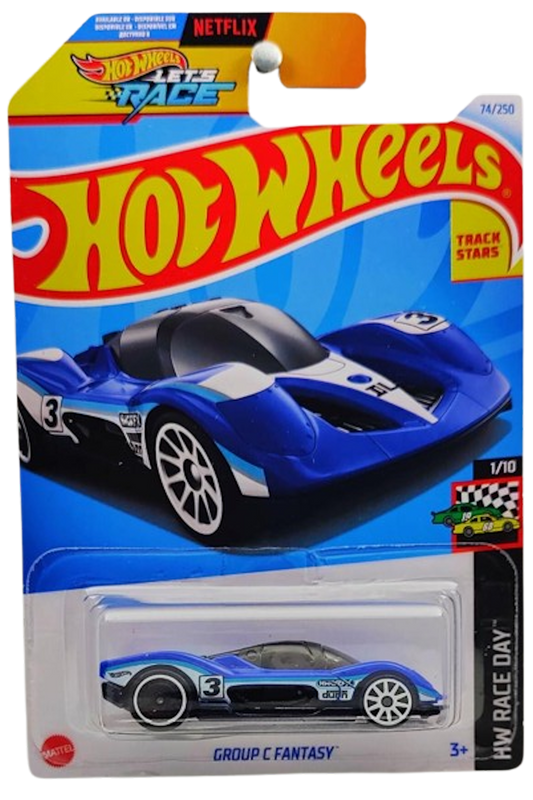 Hot Wheels 2024 - Collector # 074/250 - HW Race Day 1/10 - Group C Fantasy - Blue / #3 - International 'Let's Race' Card