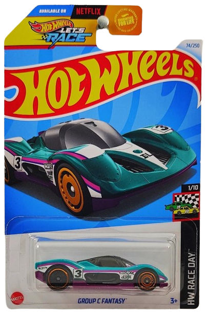 Hot Wheels 2024 - Collector # 074/250 - HW Race Day 1/10 - Group C Fantasy - Teal / #3 - USA 'Let's Race' Card