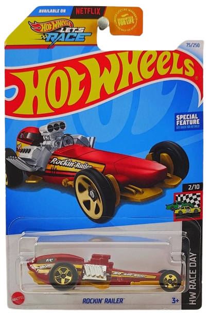 Hot Wheels 2024 - Collector # 075/250 - HW Race Day 2/10 - Rockin' Railer - Dark Red - Gold 5 Spokes - USA 'LET'S RACE' Card