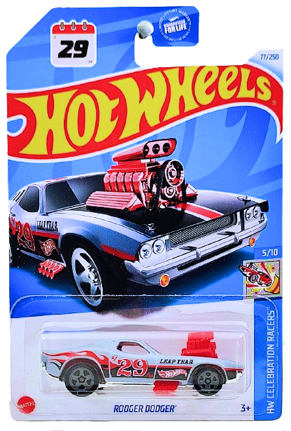 Hot Wheels 2024 - Collector # 077/250 - HW Celebration Racers 5/10 - Rodger Dodger - Gray / #29 / Leap Year - USA Card