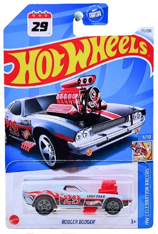 Hot Wheels 2024 - Collector # 077/250 - HW Celebration Racers 5/10 - Rodger Dodger - Gray / #29 / Leap Year - USA Card