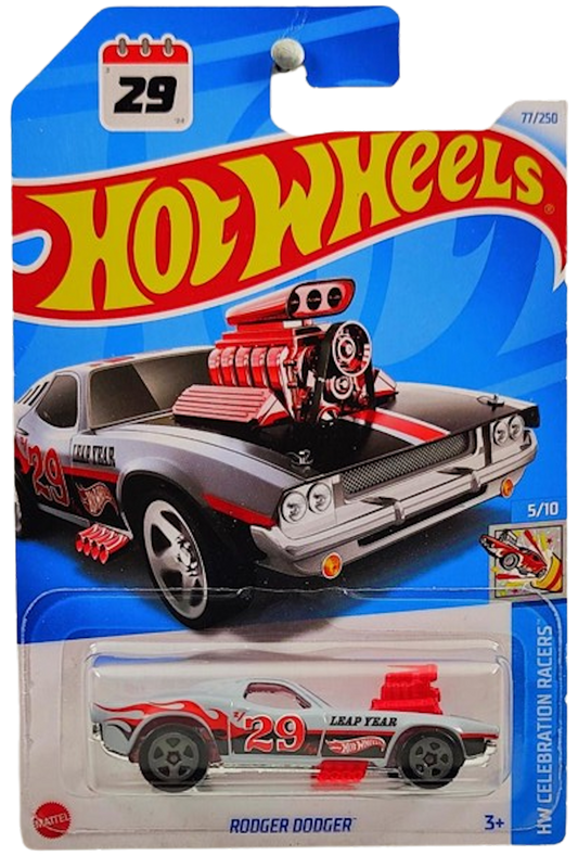 Hot Wheels 2024 - Collector # 077/250 - HW Celebration Racers 5/10 - Rodger Dodger - Gray / #29 / Leap Year - IC