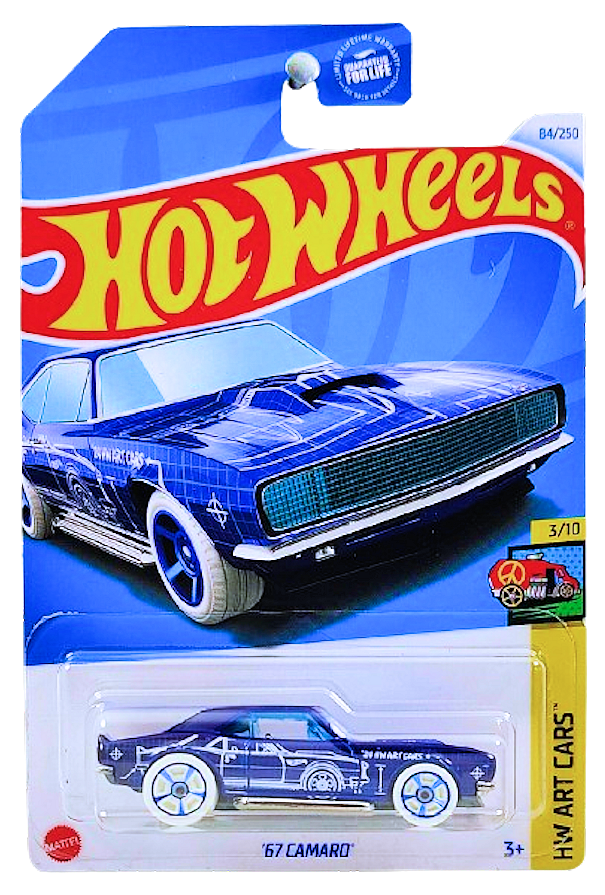 Hot Wheels 2024 - Collector # 084/250 - HW Art Cars 3/10 - '67 Camaro - Blue / 'R' - White Tires on Blue M5 Wheels - USA Card