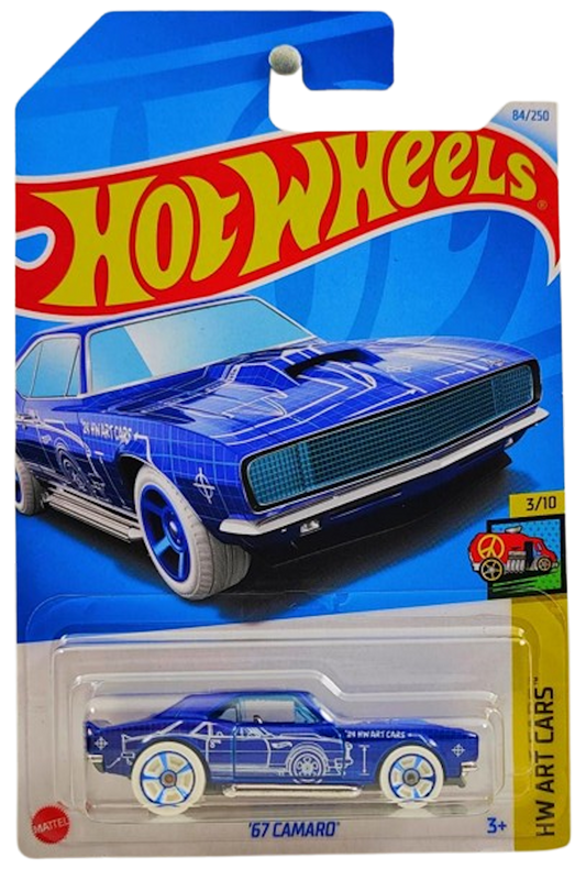 Hot Wheels 2024 - Collector # 084/250 - HW Art Cars 3/10 - '67 Camaro - Blue / 'R' - White Tires on Blue M5 Wheels - IC