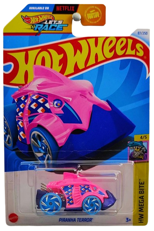 Hot Wheels 2024 - Collector # 087/250 - HW Mega Bite 4/5 - Piranha Terror - Pink - USA 'Let's Race' Card