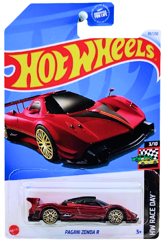 Hot Wheels 2024 - Collector # 099/250 - HW Race Day 3/10 - Pagani Zonda R - Dark Red Metallic - Gold Lace Wheels - USA Card