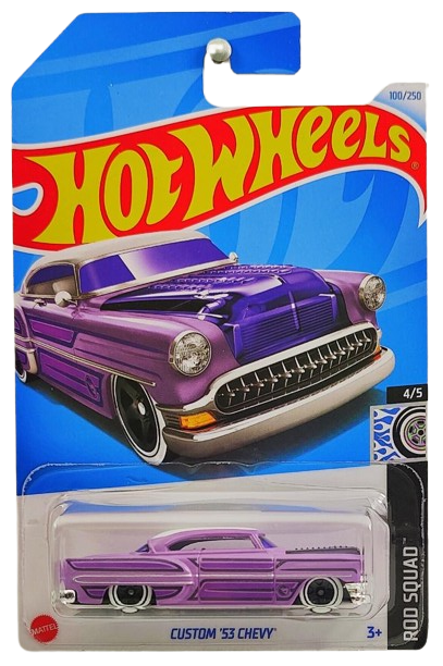 Hot Wheels 2024 - Collector # 100/250 - Rod Squad 4/5 - Treasure Hunts - Custom '53 Chevy - Matte Lavender / Circle Flame Logo on Lower Front Fender - White Walls - IC