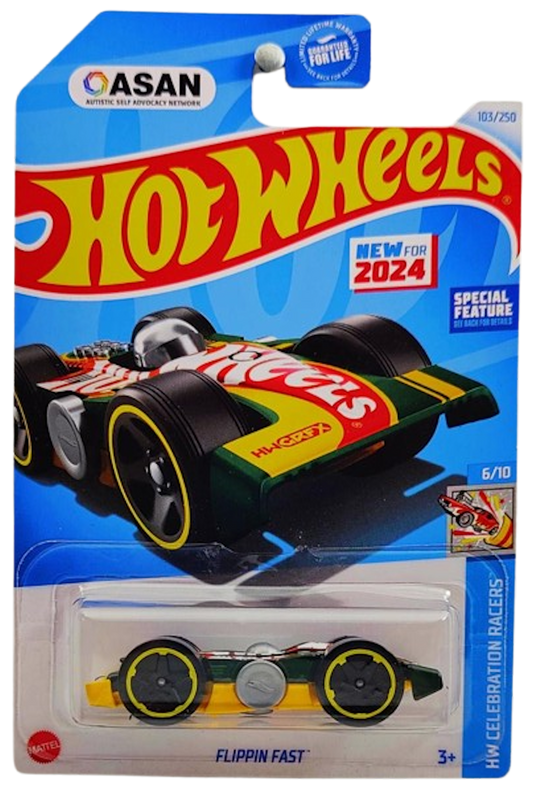 Hot Wheels 2024 - Collector # 103/250 - HW Celebration Racers 06/10 - New Models - Flippin Fast - Dark Green over Yellow - World Autism Awareness Day - USA 'ASAN' Card