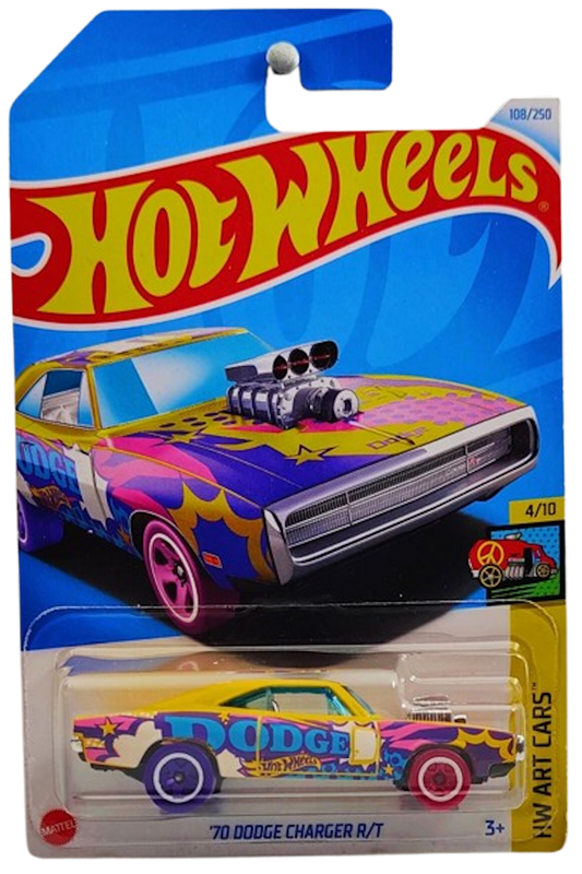 Hot Wheels 2024 - Collector # 108/250 - HW Art Cars 04/10 - '70 Dodge Charger R/T - Yellow - 'DODGE' - IC