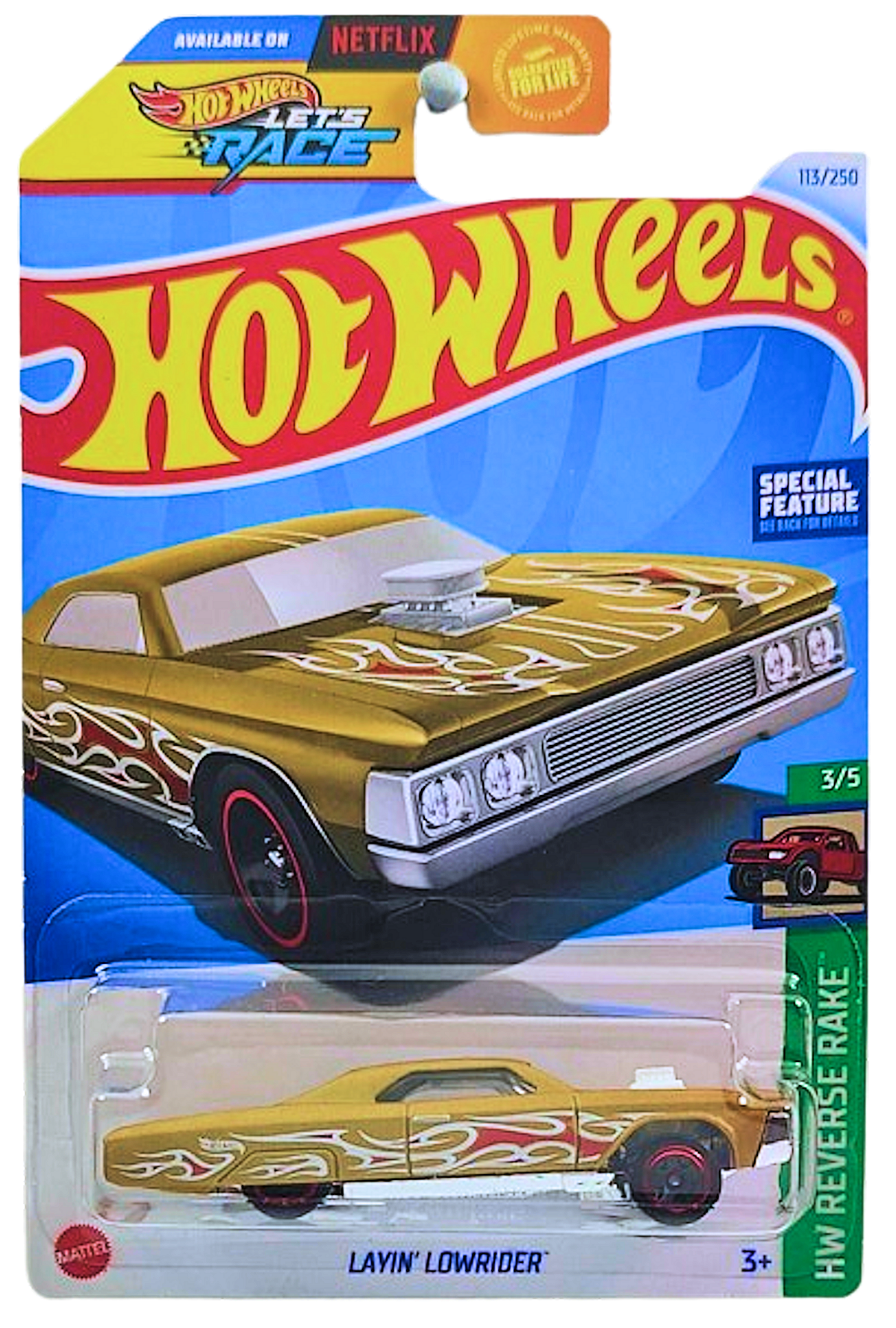 Hot Wheels 2024 - Collector # 113/250 - HW Reverse Rake 03/05 - Layin' Lowrider - Gold - USA 'Let's Race' Card