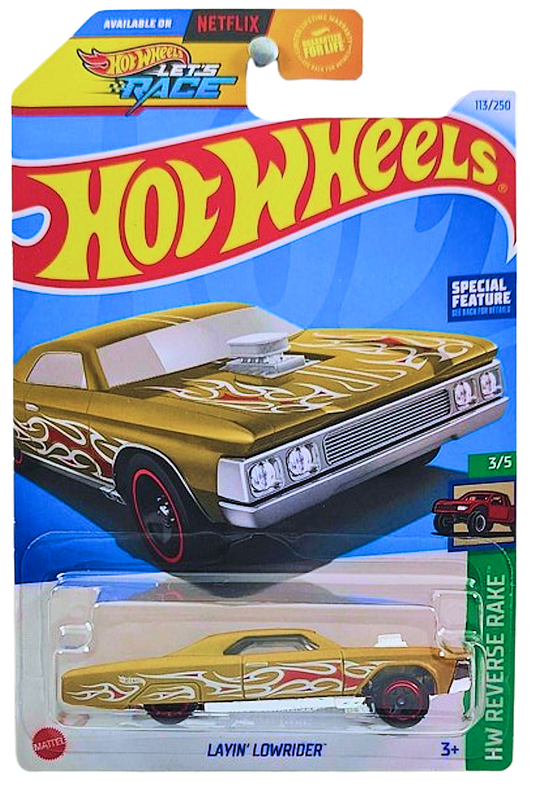 Hot Wheels 2024 - Collector # 113/250 - HW Reverse Rake 03/05 - Layin' Lowrider - Gold - USA 'Let's Race' Card