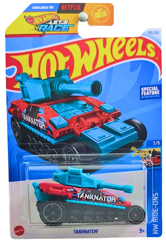 Hot Wheels 2024 - Collector # 119/250 - HW Ride-Ons 03/05 - Tanknator - Red & Teal - USA 'Let's Race' Card