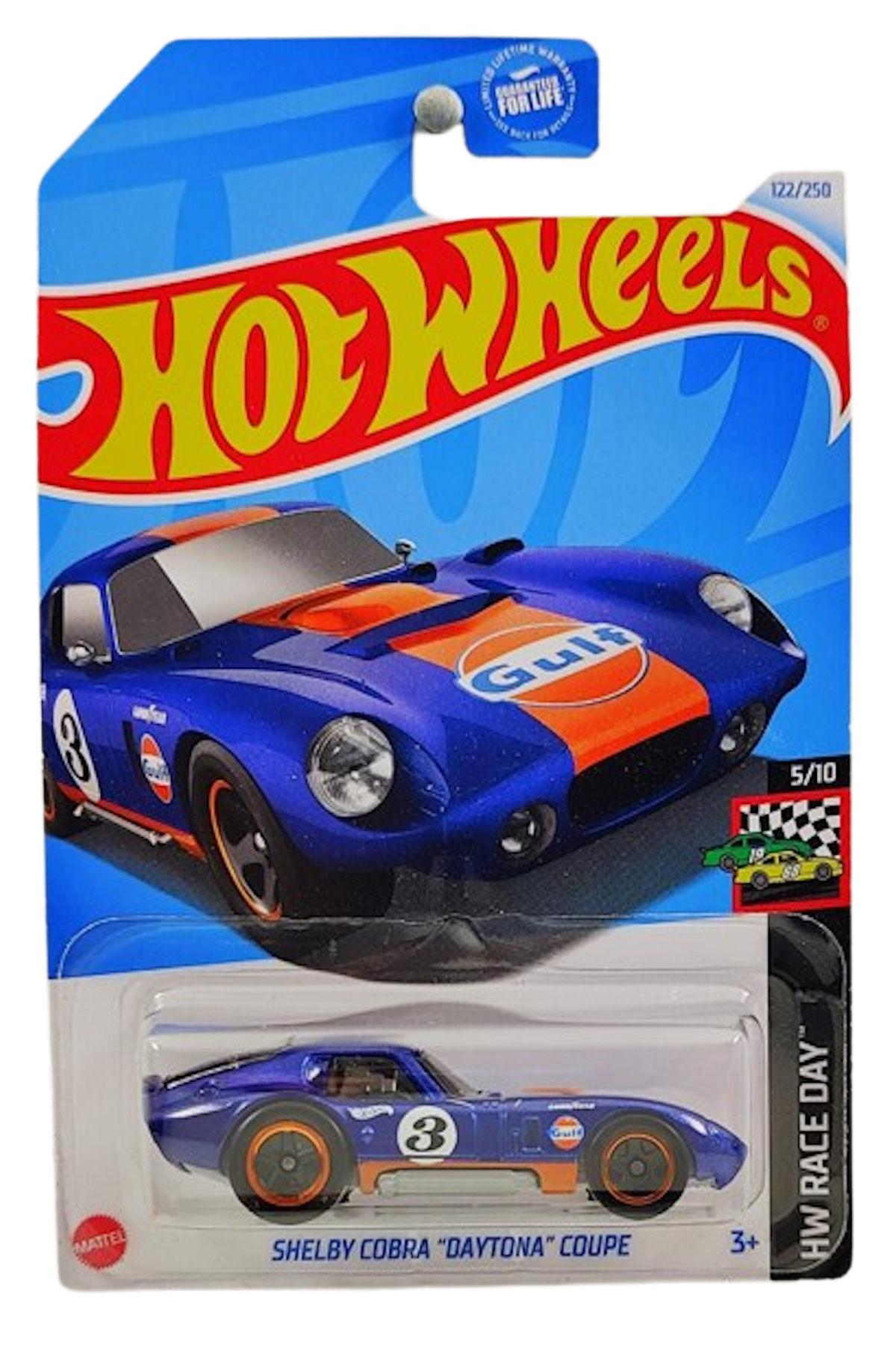 Hot Wheels 2024 - Collector # 122/250 - HW Race Day 05/10 - Shelby Cobra "Daytona" Coupe - Gulf Racing Dark Blue / #3 - 5SP Wheels - USA Card