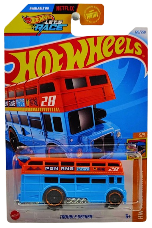 Hot Wheels 2024 - Collector # 126/250 - HW Fast Transit 05/05 - Trouble Decker - Orange & Blue / 'George Town' - USA 'Let's Race' Card