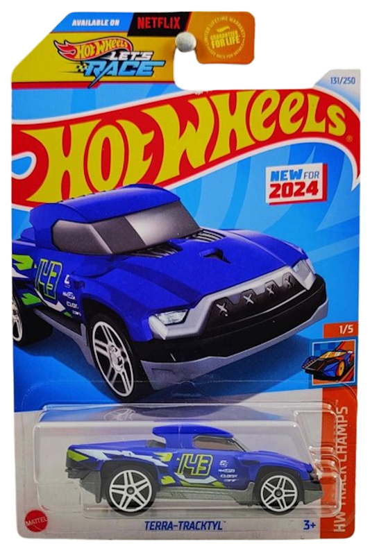 Hot Wheels 2024 - Collector # 131/250 - HW Track Champs 01/05 - New Models - Terra-Tracktyl - Blue - '143' - White PR5 Wheels - USA 'Let's Race' Card