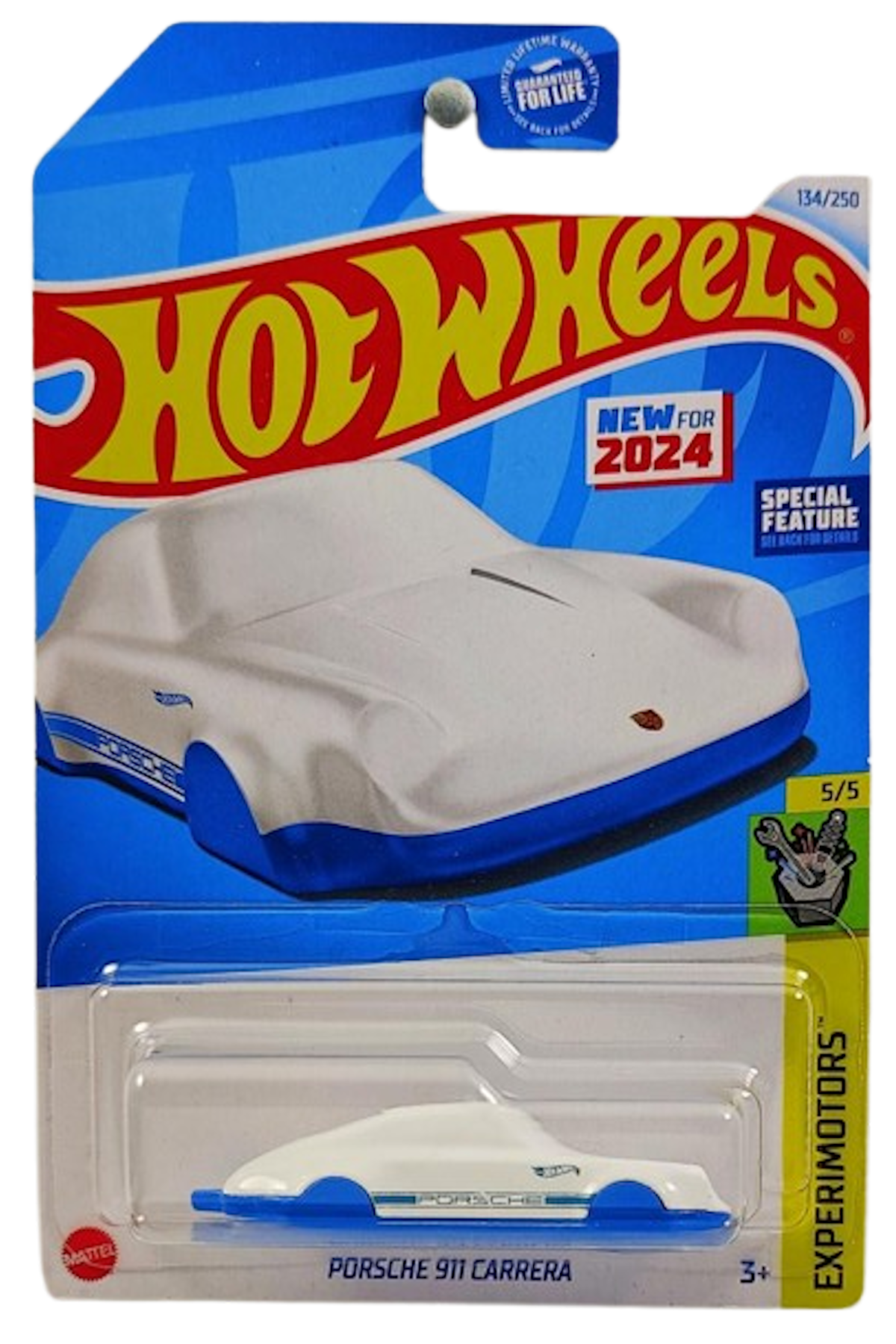 Hot Wheels 2024 - Collector # 134/250 - Experimotors 05/05 - New Models - Porsche 911 Carrera - White Body, Blue Base - USA Card