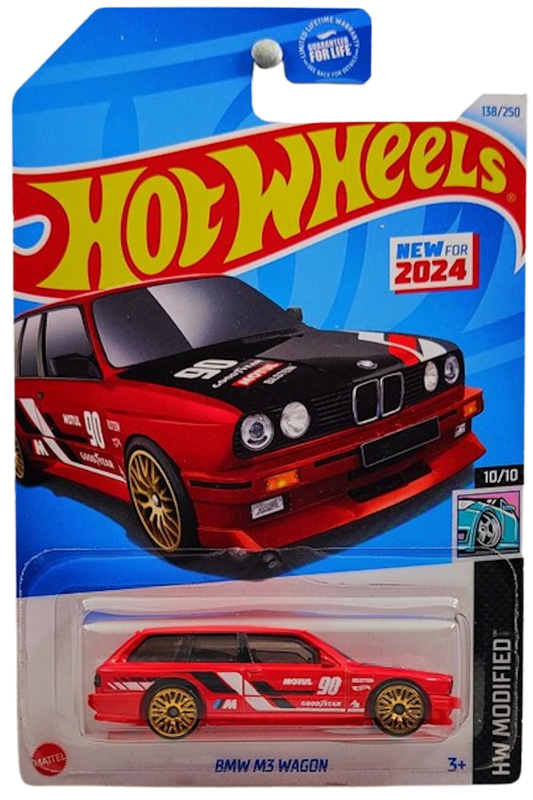 Hot Wheels 2024 - Collector # 138/250 - HW Modified 10/10 - New Models - BMW M3 Wagon - Red / Black Hood / #90 - Gold E10SP - USA Card