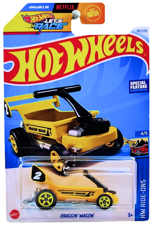 Hot Wheels 2024 - Collector # 141/250 - HW Ride-Ons 4/5 - Treasure Hunts - Draggin' Wagon - Yellow / Circle Flame Logo on Sides - USA 'Let's Race' Card