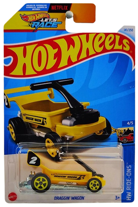 Hot Wheels 2024 - Collector # 141/250 - HW Ride-Ons 4/5 - Treasure Hunts - Draggin' Wagon - Yellow / Circle Flame Logo on Sides - IC 'Lets Race' Card