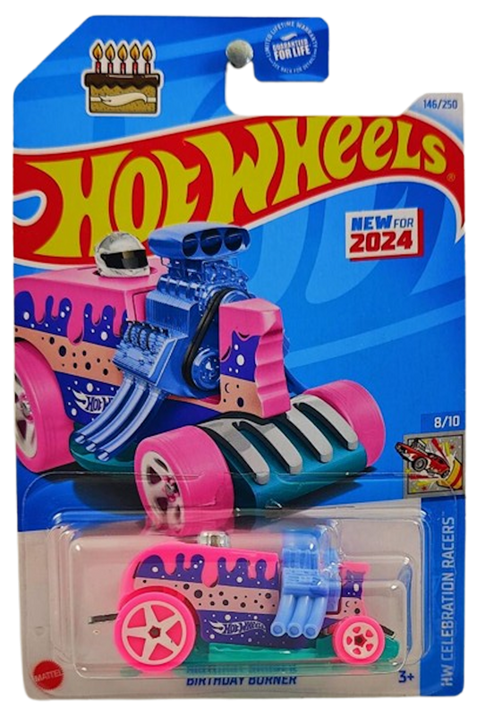 Hot Wheels 2024 - Collector # 146/250 - HW Celebration Racers 8/10 - New Models - Birthday Burner - Pink / Tan & Purple Sides / Teal Metal Base - USA Card