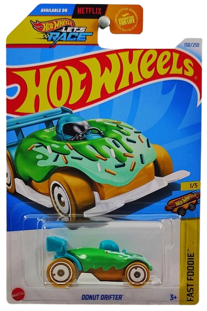 Hot Wheels 2024 - Collector # 150/250 - Fast Foodie 1/5 - Donut Drifter - Green Iciing - Brown Tires / White Aero Disc Wheels - USA 'Let's Race' Card