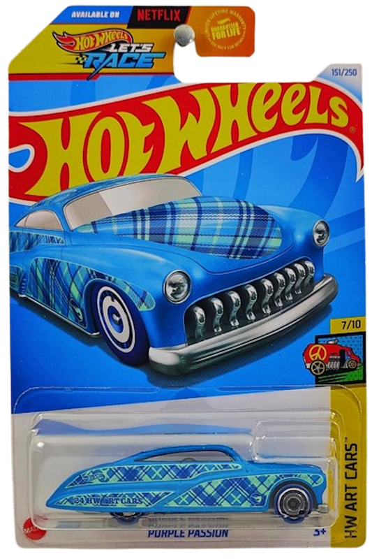 Hot Wheels 2024 - Collector # 151/250 - HW Art Cars 7/10 - Treasure Hunts - Purple Passion - Satin Blue / Plaid Graphics / Circle Flame Logo on Front Fender - Aero Disc Wheels - USA Card