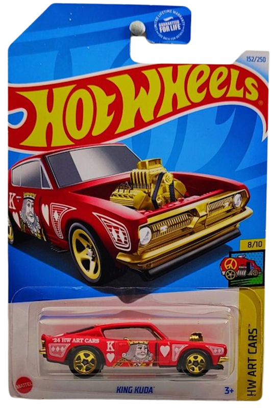 Hot Wheels 2024 - Collector # 152/250 - HW Art Cars 8/10 - King Kuda - Red / King of Hearts / 'A' on Roof - Gold 5 Spokes - USA Card