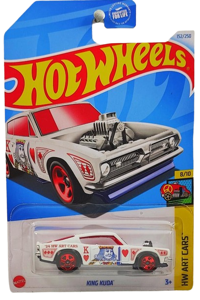 Hot Wheels 2024 - Collector # 152/250 - HW Art Cars 8/10 - King Kuda - White / King of Hearts / 'A' on Roof - Red 5 Spokes - USA Card