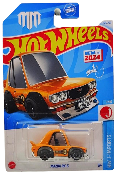 Hot Wheels 2024 - Collector # 156/250 - HW J-Imports 7/10 - New Models - Mazda RX-3 (Tooned) - Orange / #3 - USA Card