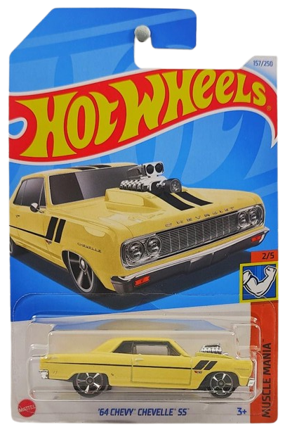 Hot Wheels 2024 - Collector # 157/250 - Muscle Mania 2/5 - '64 Chevy Chevelle SS - Pearl Yellow / Black Stripes - International Card