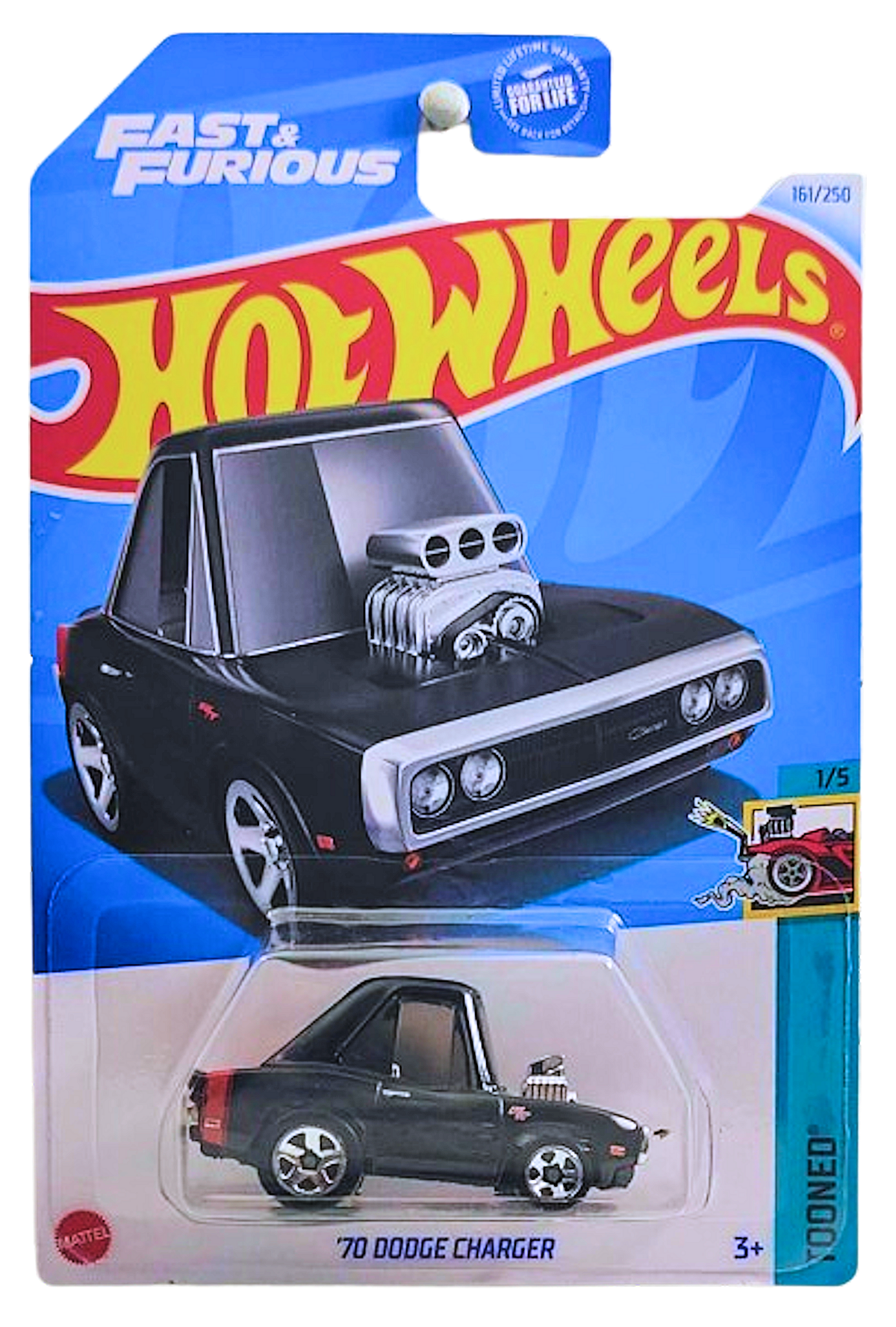 Hot Wheels 2024 - Collector # 161/250 - Tooned 1/5 - '70 Dodge Charger - Black - USA 'Fast & Furious' Card