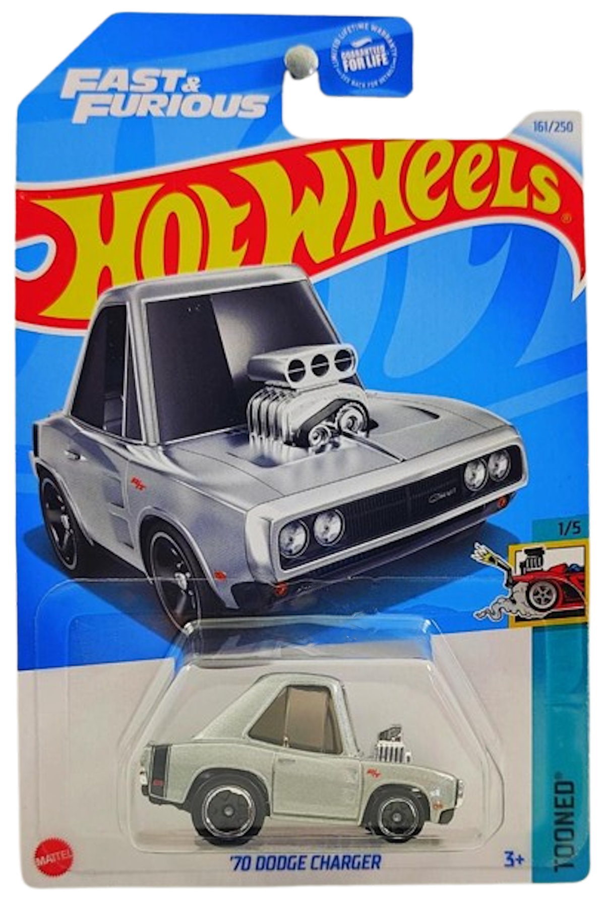 Hot Wheels 2024 - Collector # 161/250 - Tooned 1/5 - '70 Dodge Charger - Metalflake Gray - USA 'Fast & Furious' Card