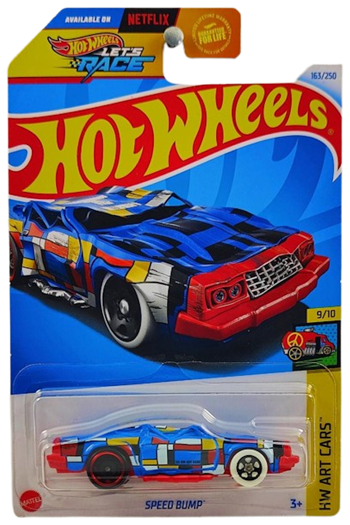 Hot Wheels 2024 - Collector # 163/250 - HW Art Cars 9/10 - Speed Bump (crushed car) - Blue / 'T' on Roof - USA 'Let's Race' Card