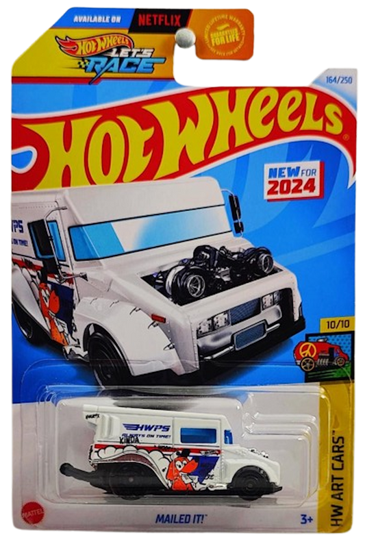 Hot Wheels 2024 - Collector # 164/250 - HW Art Cars 10/10 - New Models - Mailed It! - White / 'Y' on Roof - USA 'Let's Race' Card