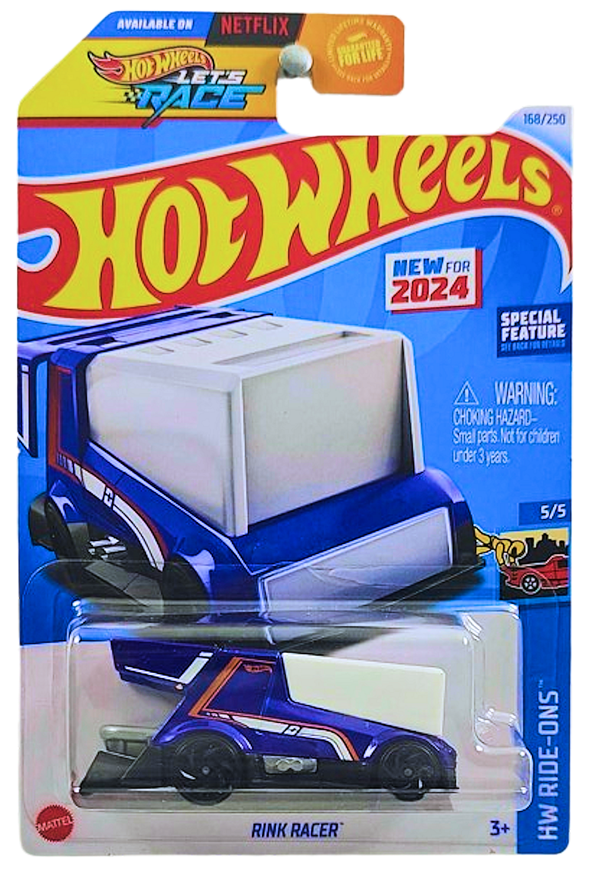 Hot Wheels 2024 - Collector # 168/250 - HW Ride-Ons 5/5 - New Models - Rink Racer - Blue - USA 'Let's Race' Card