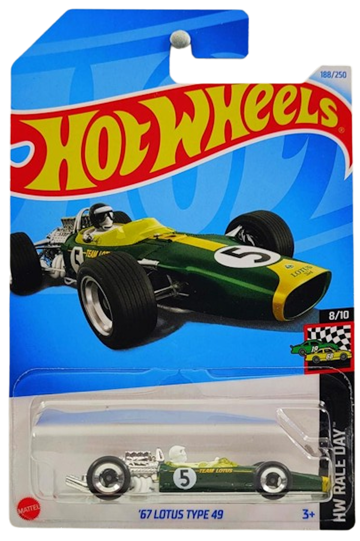 Hot Wheels 2024 - Collector # 188/250 - HW Race Day 8/10 - '67 Lotus Type 49 - Dark Green  / #5 / Yellow Stripe - IC