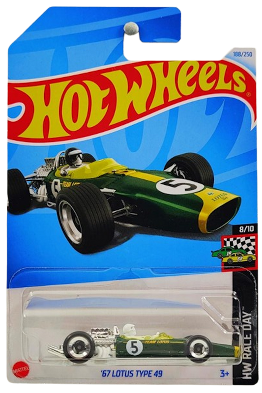 Hot Wheels 2024 - Collector # 188/250 - HW Race Day 8/10 - '67 Lotus Type 49 - Dark Green  / #5 / Yellow Stripe - IC