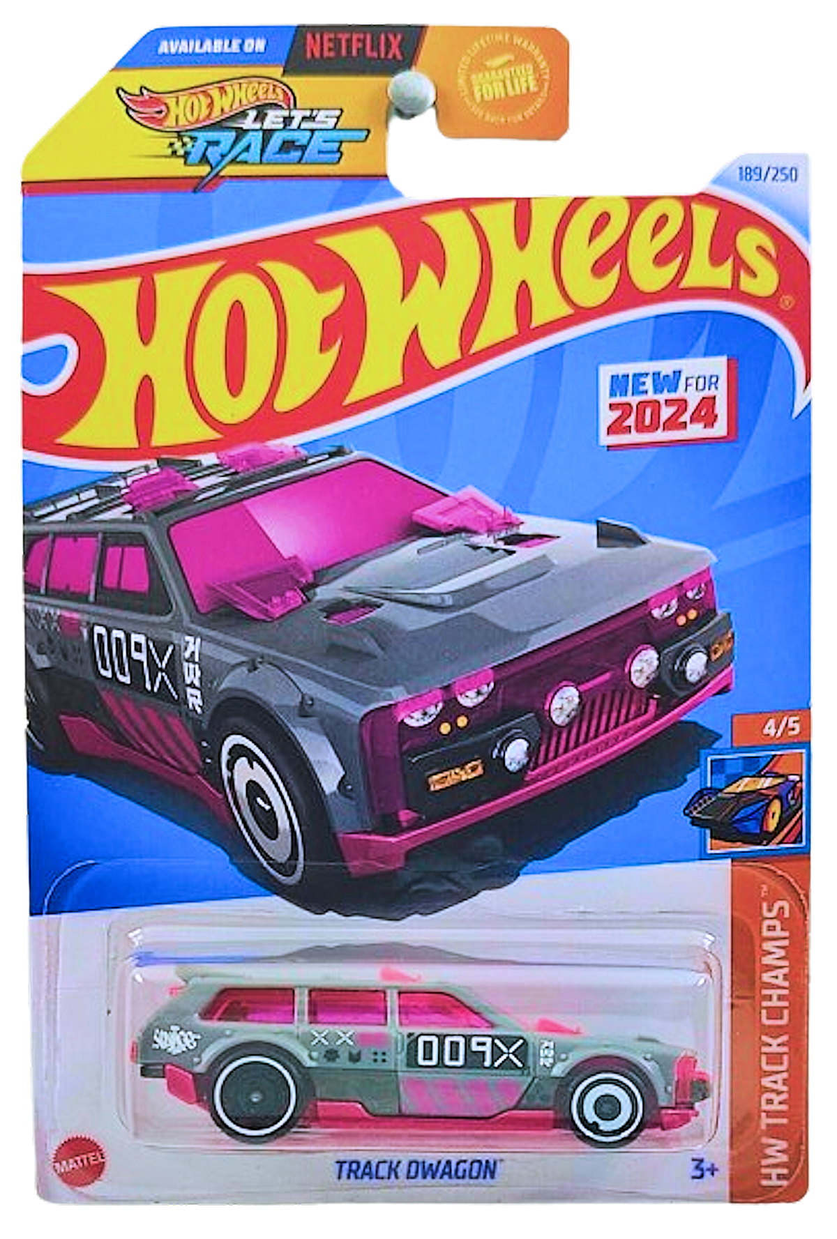 Hot Wheels 2024 - Collector # 189/250 - HW Track Champs 4/5 - New Models - Track Dwagon - Gray / #009X - Pink Windows - USA 'Let's Race Card