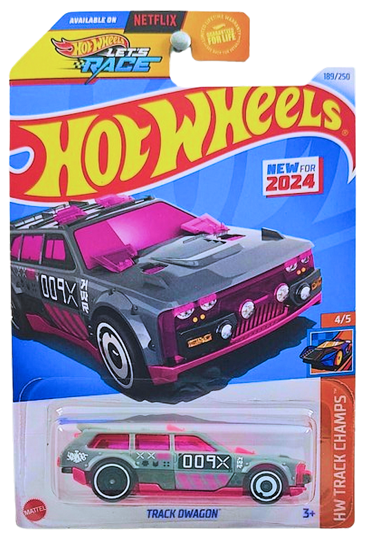 Hot Wheels 2024 - Collector # 189/250 - HW Track Champs 4/5 - New Models - Track Dwagon - Gray / #009X - Pink Windows - USA 'Let's Race Card