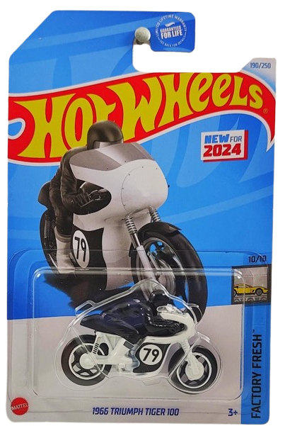 Hot Wheels 2024 - Collector # 190/250 - Factory Fresh 10/10 - New Models - 1966 Triumph Tiger 100 - White / #79 - USA Card