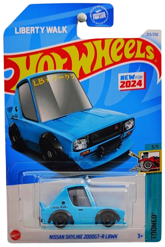 Hot Wheels 2024 - Collector # 213/250 - Tooned 3/5 - New Models - Nissan Skyline 2000GT-R LBWK - Blue - USA 'Liberty Walk' Card