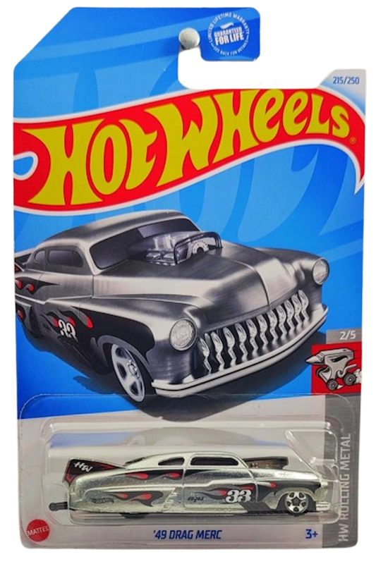 Hot Wheels 2024 - Collector # 215/250 - HW Rolling Metal 2/5 - '49 Drag Merc - ZAMAC / #33 / Flames - USA Card