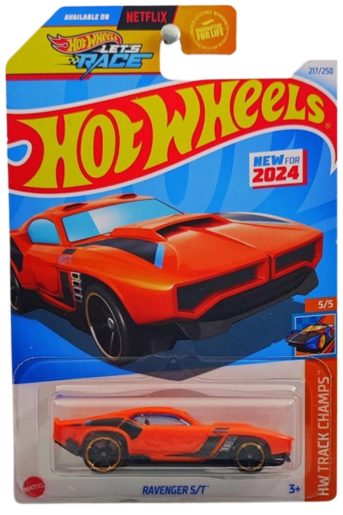 Hot Wheels 2024 - Collector # 217/250 - HW Track Champs 5/5 - New Models - Ravenger S/T - Orange / Black Stripes - USA Card