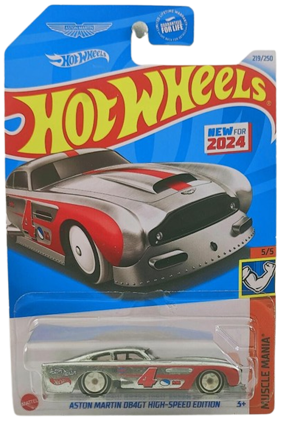 Hot Wheels 2024 - Collector # 219/250 - Muscle Mania - New Models - Aston Martin DB4GT High-Speed Edition - ZAMAC / Red Stripe & Scallops / #4 - USA 'Aston Martin' Card